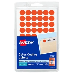 Avery Hand Written Color Coding Labels, 0.5"Dia., Neon Red, 60/Sheet, 14 Sheets/Pack (5051)