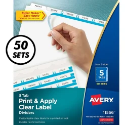 Avery Index Maker Paper Dividers with Print & Apply Label Sheets, 5 Tabs, White, 50 Sets/Pack (11556)