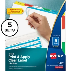 Avery Index Maker Paper Dividers with Print & Apply Label Sheets, 5 Tabs, Multicolor, 5 Sets/Pack (11418)