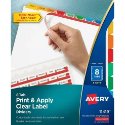 Avery Index Maker Paper Dividers with Print & Apply Label Sheets, 8 Tabs, Multicolor, 5 Sets/Pack (11419)