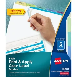 Avery Index Maker Paper Dividers with Print & Apply Label Sheets, 5 Tabs, Pastel, 5 Sets/Pack (11990)