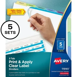 Avery Index Maker Paper Dividers with Print & Apply Label Sheets, 5 Tabs, Pastel, 5 Sets/Pack (11990)