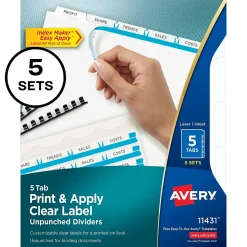 Avery Index Maker Paper Dividers with Print & Apply Label Sheets, 5 Tabs, White, 5 Sets/Pack (11431)