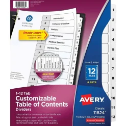 Avery Ready Index Table of Contents Paper Dividers, 1-12 Tabs, White, 6 Sets/Pack (11824)