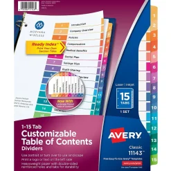 Avery Ready Index Table of Contents Pre-Printed Paper Dividers, 15 Tabs, Multicolor, 1 Set (11143)