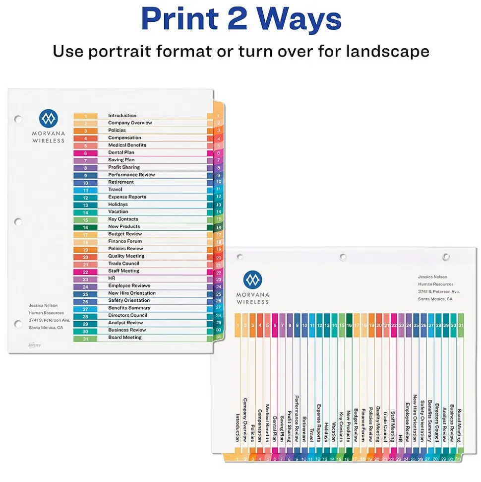 Avery Ready Index Table of Contents Pre-Printed Numeric Paper Divider, 31 Tabs, Multicolor, 1 Set (11129)