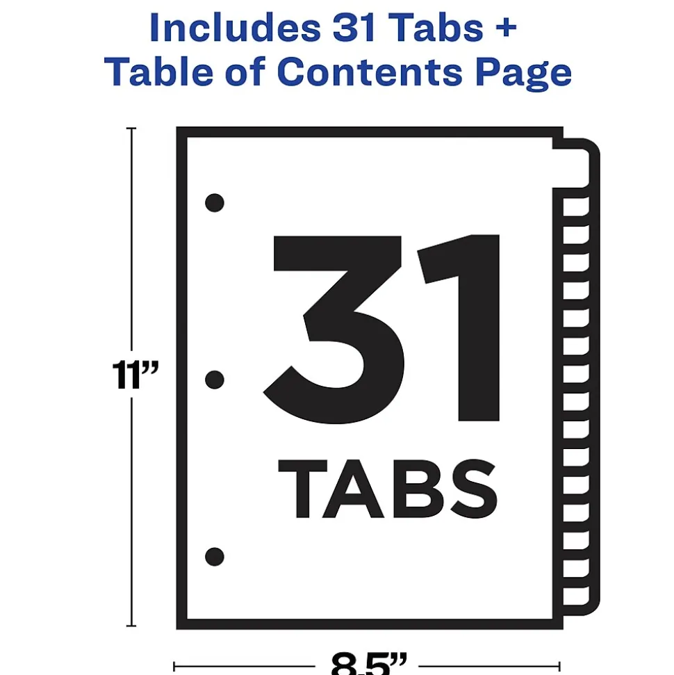Avery Ready Index Table of Contents Pre-Printed Numeric Paper Divider, 31 Tabs, Multicolor, 1 Set (11129)