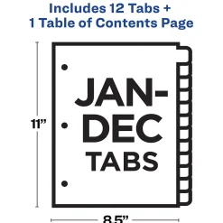 Avery Ready Index Table of Contents Paper Dividers, Jan-Dec Tabs, White (11126)