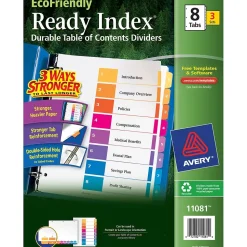 Avery Ready Index Table of Contents EcoFriendly Paper Dividers, 1-8 Tabs, Multicolor, 3 Sets/Pack (11081)