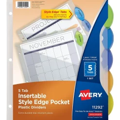 Avery Style Edge Insertable Plastic Dividers with Pocket, 5 Tabs, Multicolor (11292)