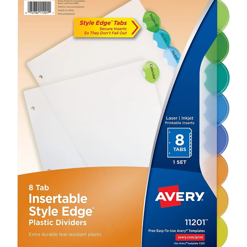 Avery Style Edge Insertable Plastic Dividers, 8 Tab, Multicolor (11201)