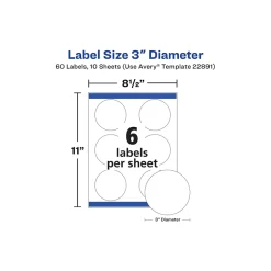 Avery Sure Feed Laser/Inkjet Round Labels, 3" Dia, Glossy White, 60 Labels/Pack (22891)