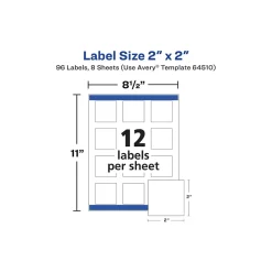 Avery Waterproof Laser/Pigment-Inkjet Square Labels, 2" x 2", Glossy White, 96 Labels/Pack (64510)