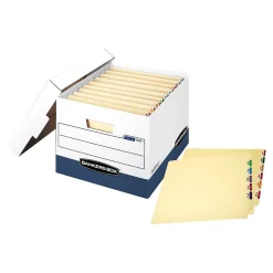 Bankers Box Heavy-Duty FastFold File Storage Boxes, Lift-Off Lid, Letter/Legal Size, White/Blue, 12/Carton (00709)
