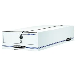Bankers Box Liberty Corrugated File Storage Boxes, String & Button Closure, Check & Form Size, White/Blue, 12/Carton (00007)