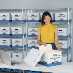 Bankers Box R-Kive Heavy Duty 60% Recycled FastFold Corrugated File Box Lift Off Lid, Letter/Legal Size, White/Blue, 20/Carton