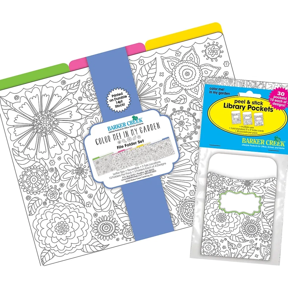 Barker Creek Color Me! Folder & Pocket Set, 1/3-Cut Tab, Letter Size, In My Garden, 42/Set (4409)