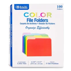 Bazic COLOR File Folders, 1-Tab, Letter/Legal Size, Assorted Colors, 100/Box (BAZ3149)