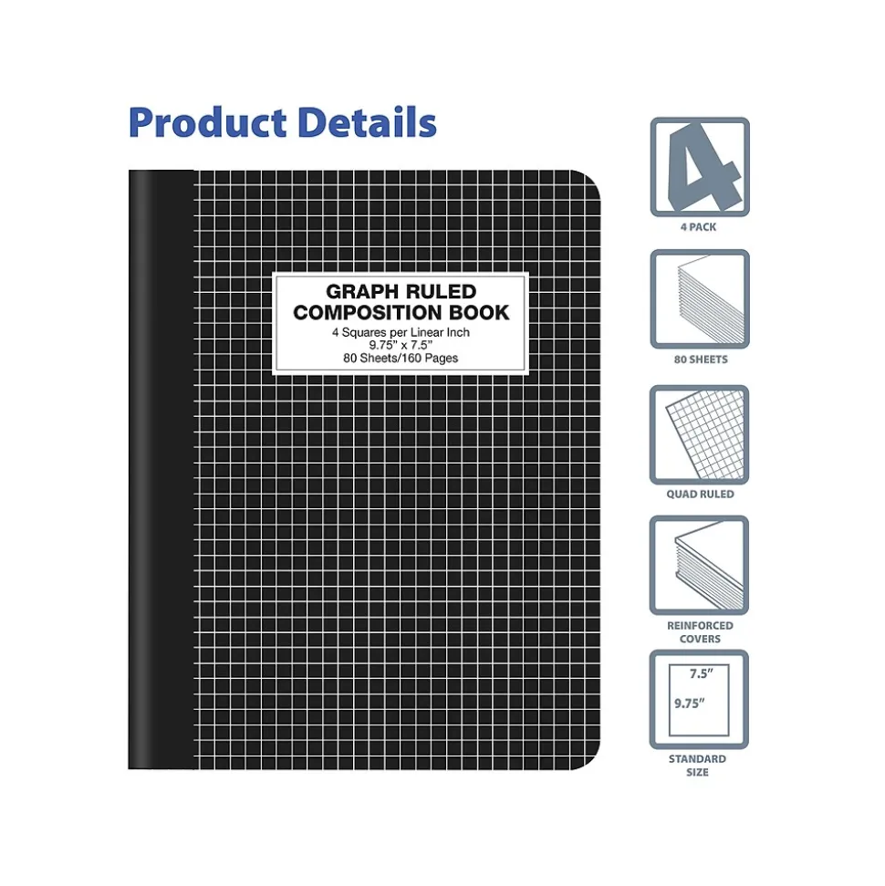 Better Office Composition Notebooks, 7.5" x 9.75", Graph Ruled, 80 Sheets, Black, 4/Pack (25604-4PK)