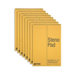 Better Office Steno Pad, 6" x 9", Gregg-Ruled, Yellow, 60 Sheets/Pad, 8 Pads/Pack (25808-8PK)