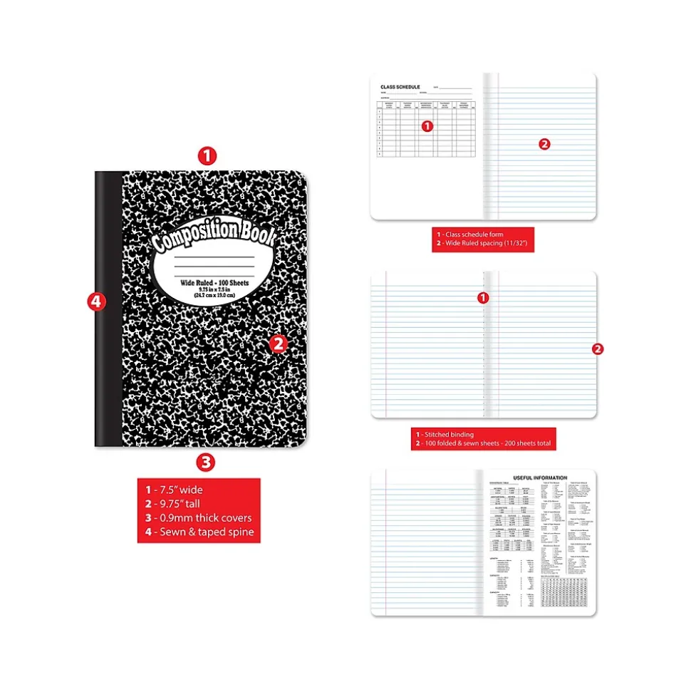 Better Office 1-Subject Composition Notebooks, 7.5" x 9.75", Wide Ruled, 100 Sheets, Black, 12/Pack (25112-12PK)