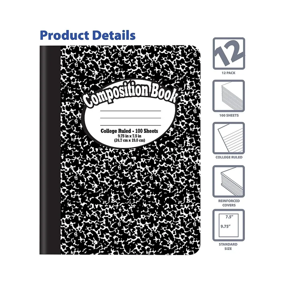 Better Office 1-Subject Composition Notebooks, 7.5" x 9.75", College Ruled, 100 Sheets, Black, 12/Pack (25312-12PK)