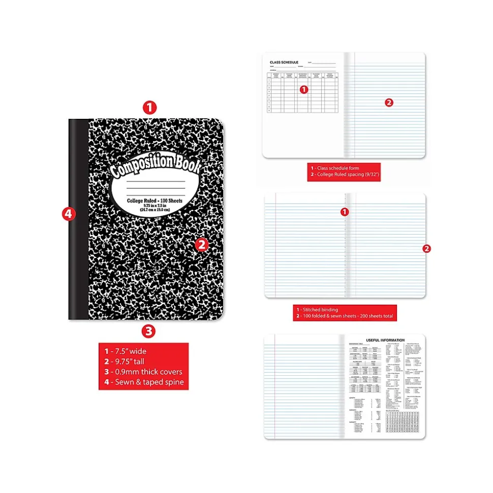 Better Office 1-Subject Composition Notebooks, 7.5" x 9.75", College Ruled, 100 Sheets, Black, 12/Pack (25312-12PK)