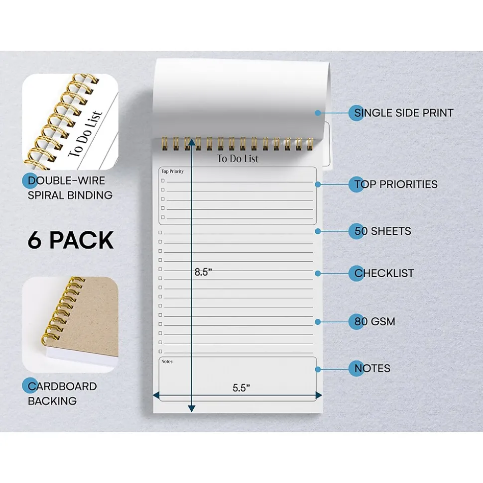 Better Office To-Do List Notepad, 5.5" x 8.5", Ruled, White, 50 Sheets/Pad, 6 Pads/Pack (25825-6PK)