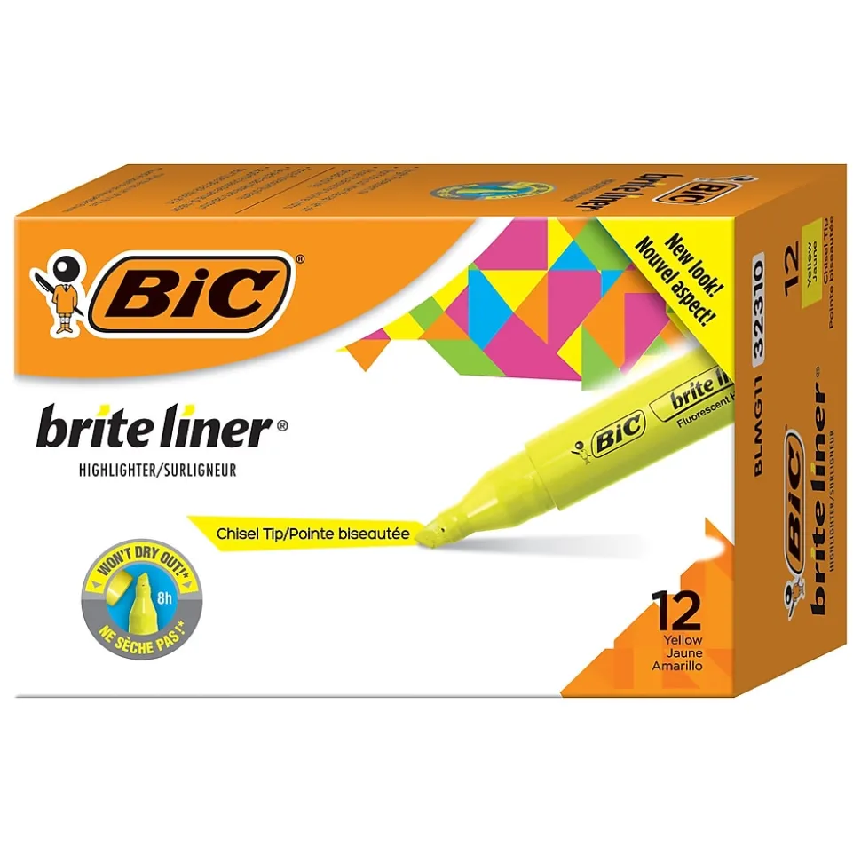 BIC Brite Liner Stick Highlighters with Grip, Chisel Tip, Yellow, Dozen (BLMG11-YEL)