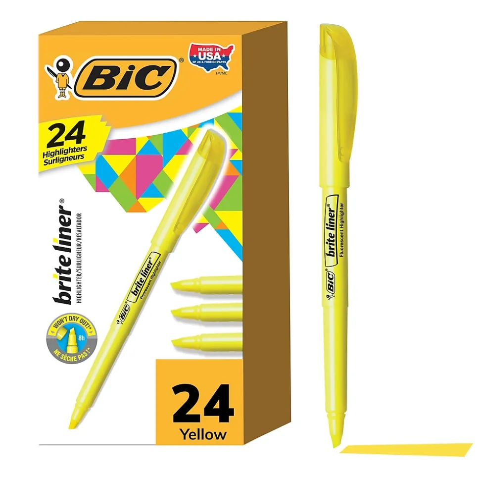 BIC Brite Liner Stick Highlighter, Chisel Tip, Yellow, 24/Pack (BL241YEL)