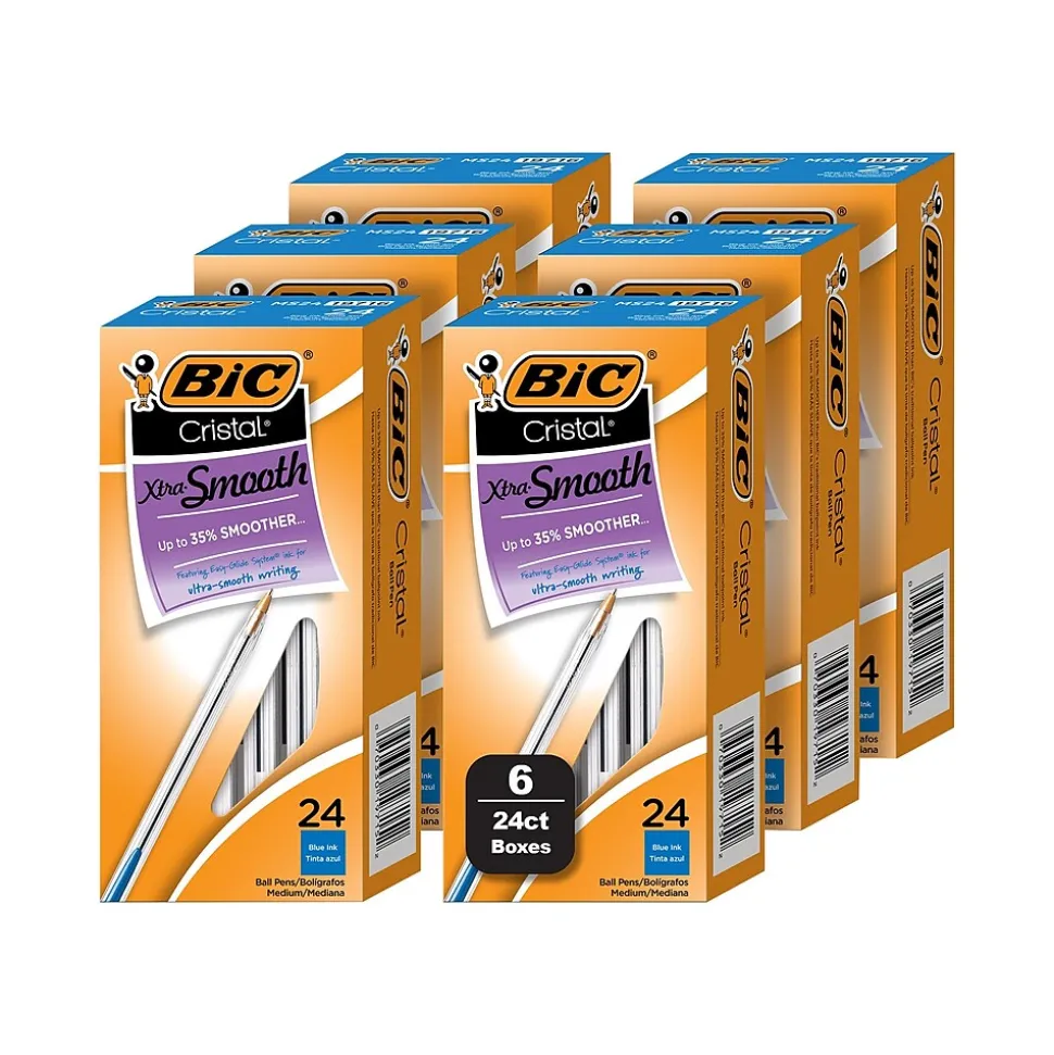 BIC Cristal Xtra Smooth Ballpoint Pen, Medium Point, Blue Ink, 24/Box, 6 Boxes/Pack (MS144E-BLU)