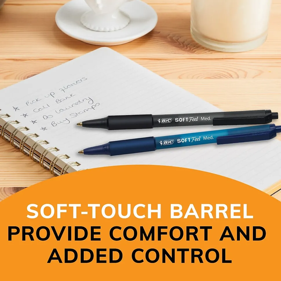 BIC Soft Feel Retractable Ballpoint Pens, Fine Point, 0.8mm, Black Ink, Dozen (12346/SCSF11BK)