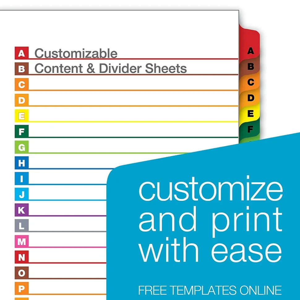 Cardinal OneStep Printable Table of Contents and Dividers, A-Z - 26-Tab, Multicolor, 1/St