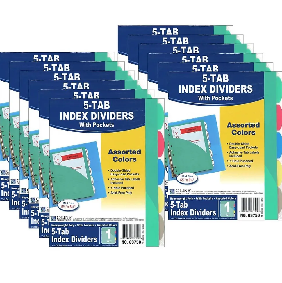 C-Line Mini Size 5-Tab Poly Index Dividers, 5 Tabs, Assorted Colors, 5/Pack, 12 Packs (CLI03750-12)