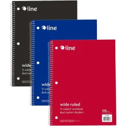 C-Line 3-Subject Notebooks, Wide Ruled, 120 Sheets, Assorted Colors, 3/Bundle (CLI22046-3)