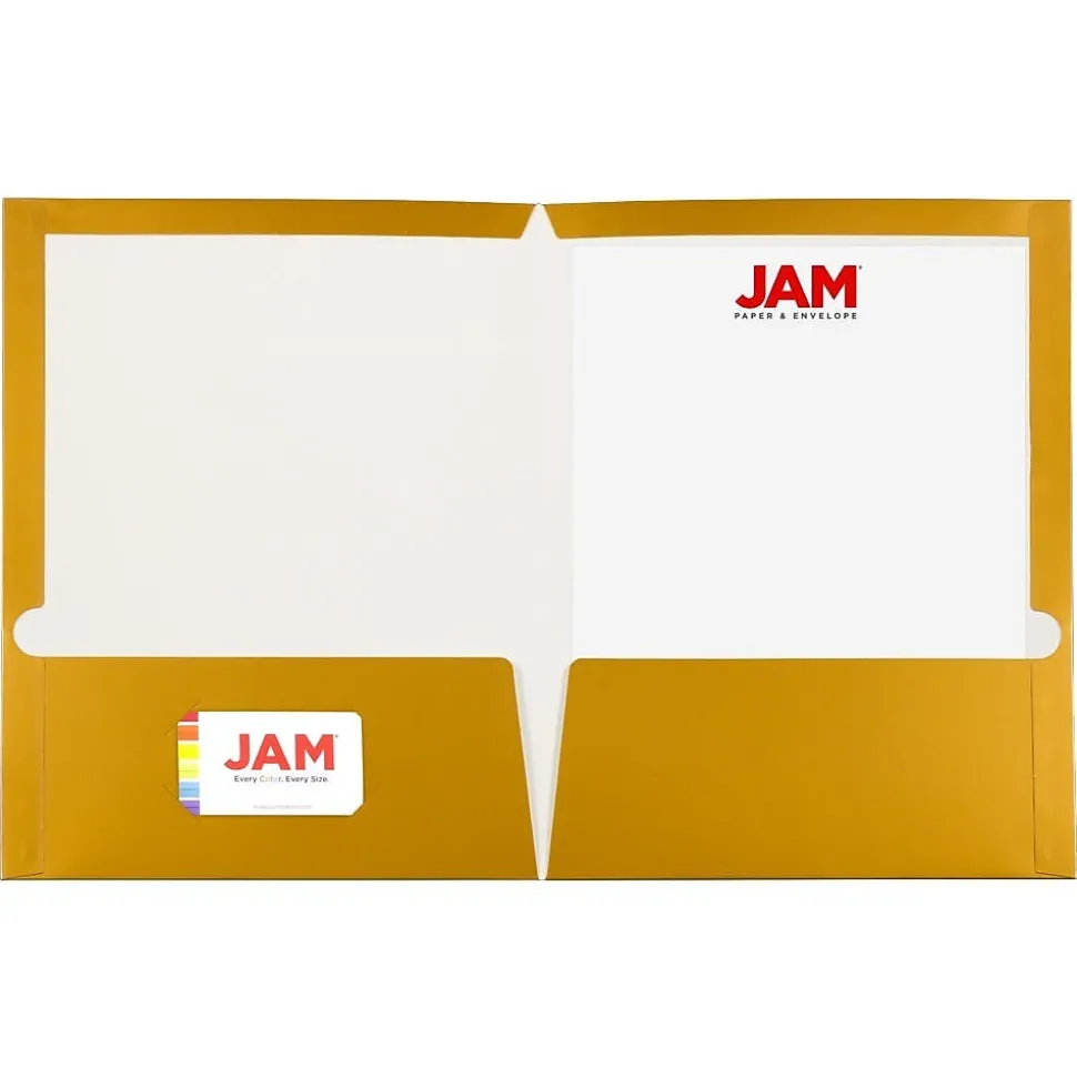 JAM Paper Glossy 3-Hole Punched 2 Pocket Cardstock Presentation Folder, Gold, 100/Box (385GGOB)