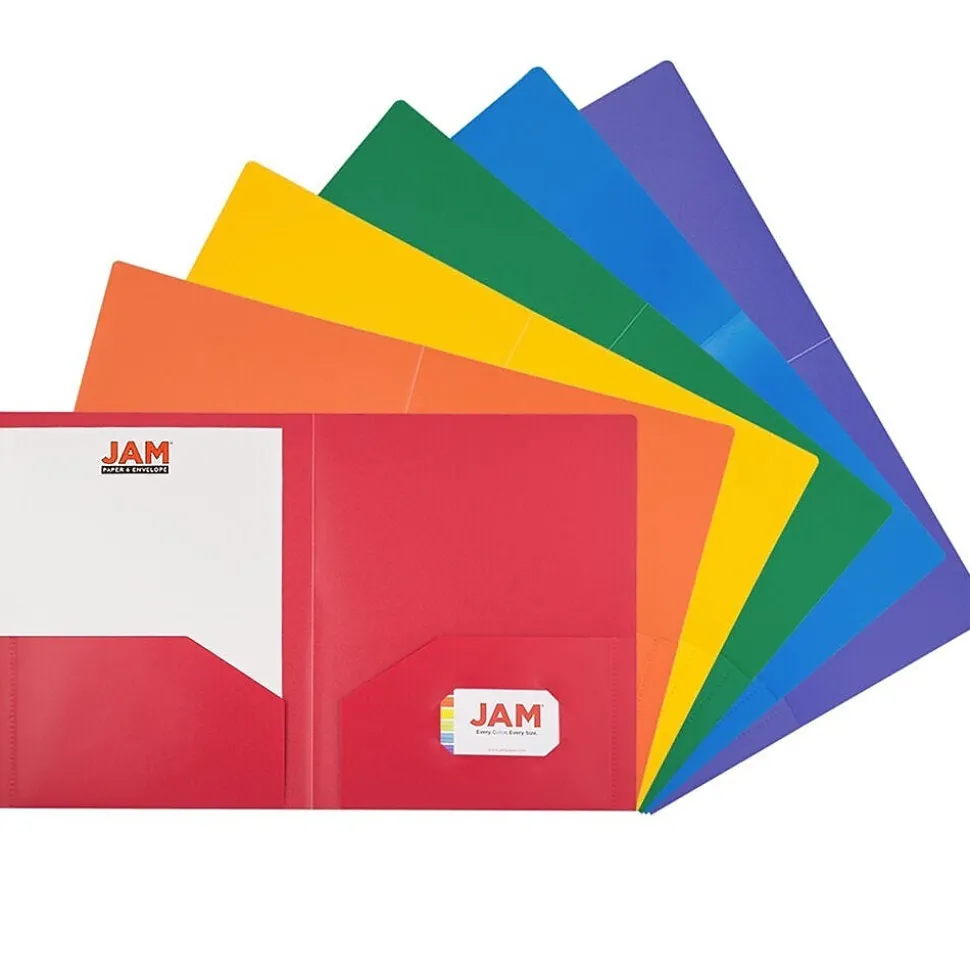 JAM Paper Heavy Duty 2 Pocket Folder, Plastic, Assorted Primary Colors, 12/Pack (383Hrgbyopb)