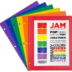 JAM Paper 2-Pocket Plastic Folders, Multicolored, Assorted Primary Colors, 6/Pack (382EHPASTPR)