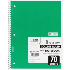 Mead 1-Subject Notebooks, 8" x 10.5", College Ruled, 70 Sheets, Assorted Colors, 6/Bundle (MEA05512-6)