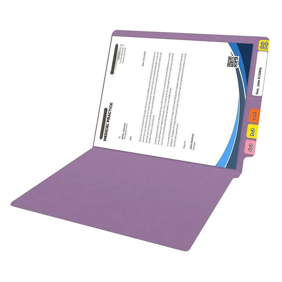 Medical Arts Press Reinforced End Tab File Folder, Straight Cut, Letter-Size, Lavender, 50/Box (S-01601-LAV)