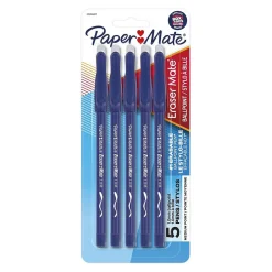Paper Mate Eraser Mate Erasable Ballpoint Pen, Medium Point, Blue Ink, 5/Pack (3153558PP)