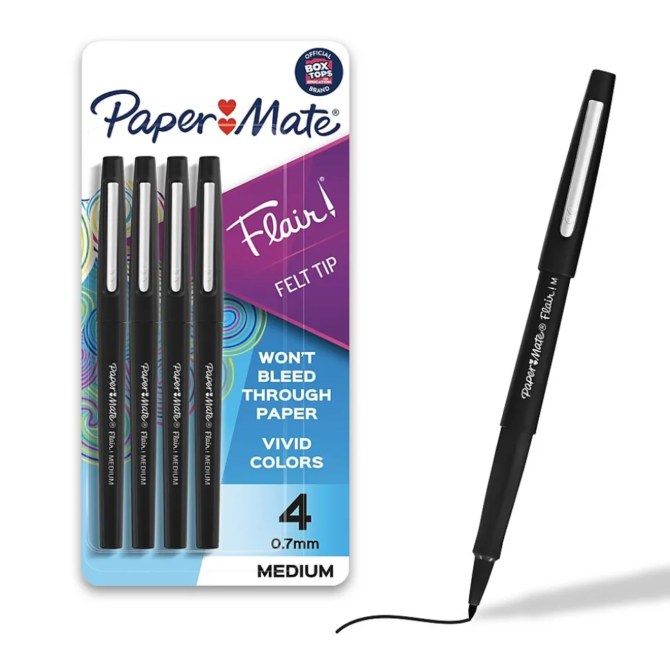 Paper Mate Flair Felt Pen, Medium Point, 0.7mm, Black Ink, 4 Pack (84344)