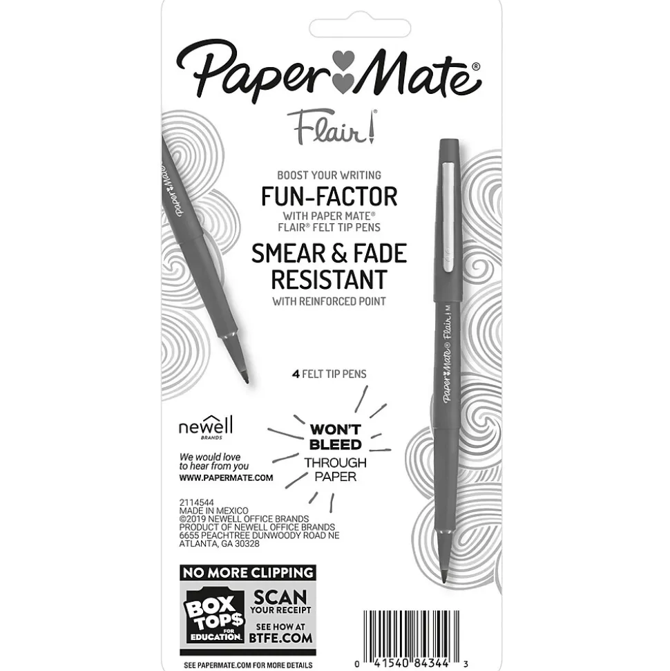 Paper Mate Flair Felt Pen, Medium Point, 0.7mm, Black Ink, 4 Pack (84344)