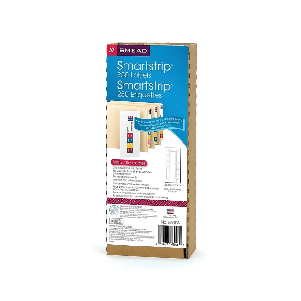Smead Smartstrip ColorBar WaterGuard Inkjet File Folder Labels, 1 1/2" x 7 1/2", White, 250/Pack (66006)