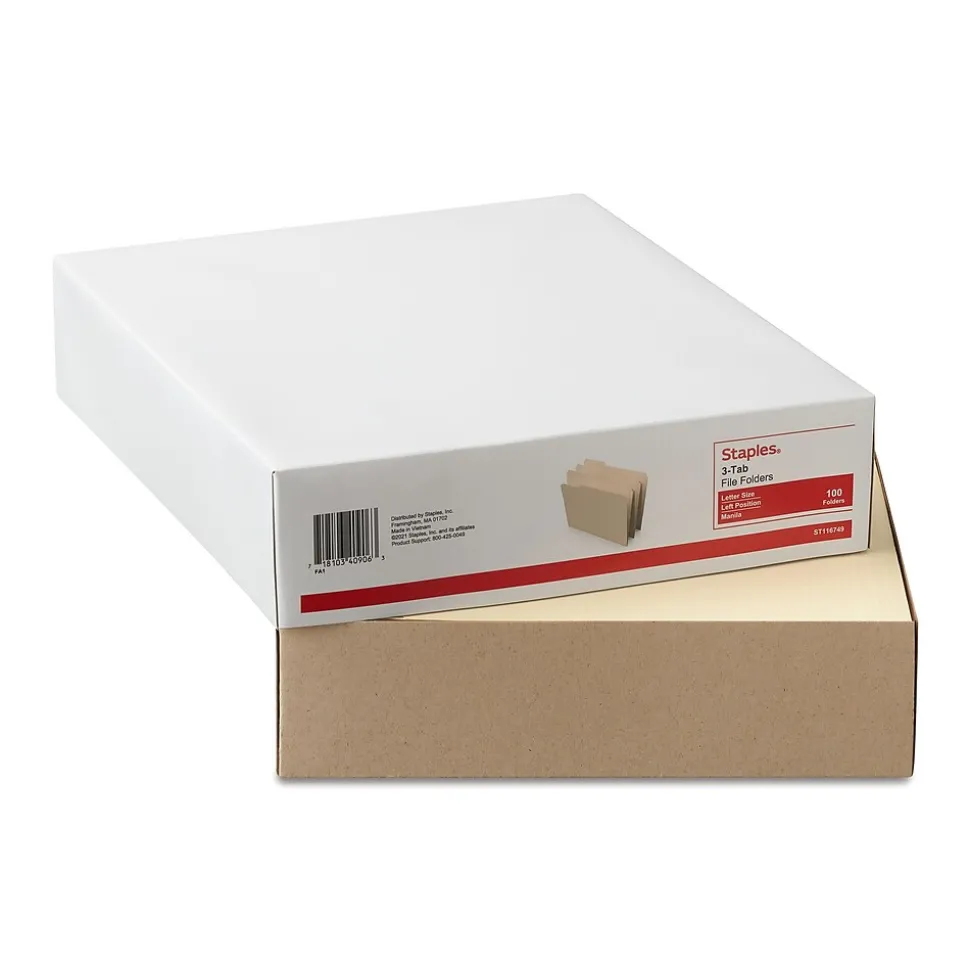 Staples 30% Recycled File Folders, 1/3-Cut Tab, Left Position, Letter Size, Manila, 100/Box (ST116749/116749)