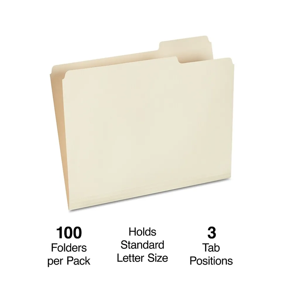 Staples 30% Recycled File Folders, 1/3-Cut Tab, Right Position, Letter Size, Manila, 100/Box (ST116822/116822)