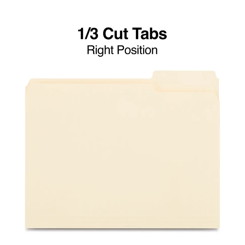 Staples 30% Recycled File Folders, 1/3-Cut Tab, Right Position, Letter Size, Manila, 100/Box (ST116822/116822)