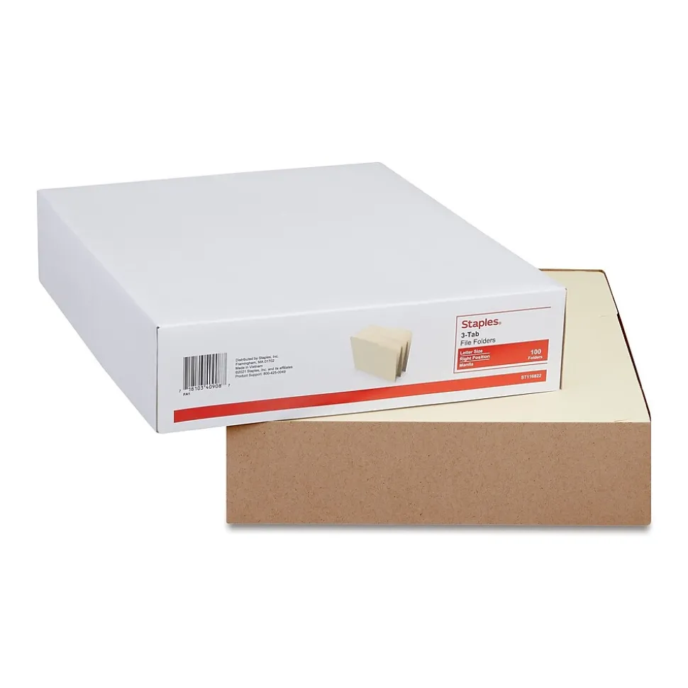 Staples 30% Recycled File Folders, 1/3-Cut Tab, Right Position, Letter Size, Manila, 100/Box (ST116822/116822)