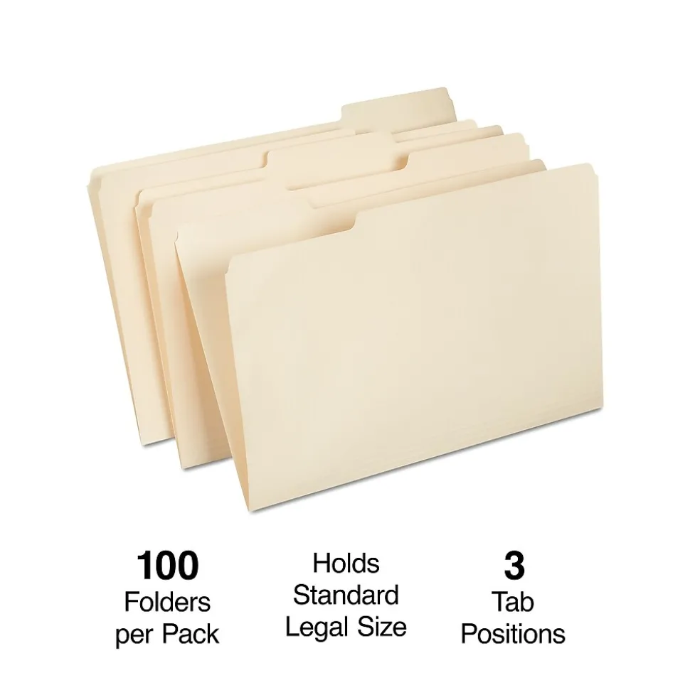 Staples 30% Recycled File Folders, 1/3-Cut Tab, Legal, Manila, 100/Box (ST56680-CC)