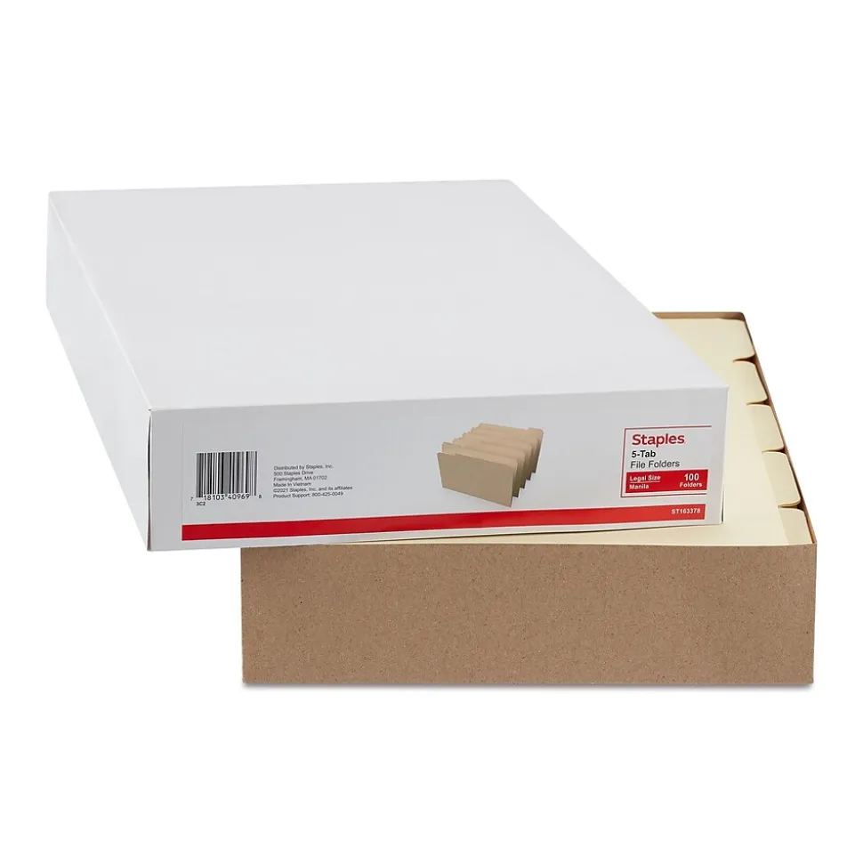 Staples 30% Recycled File Folder, 1/5 Cut, Legal Size, Manila, 100/Box (ST163378/163378)